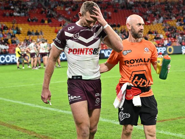 Manly star Tom Trbojevic has had a luckless run with injury after suffering another hamstring issue against the Dolphins on Friday. Credit: NRL Images.