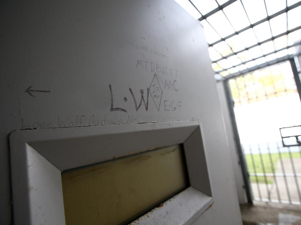 Writing on the wall of an isolation cell at Silverwater Correction Centre. Picture: Tim Hunter