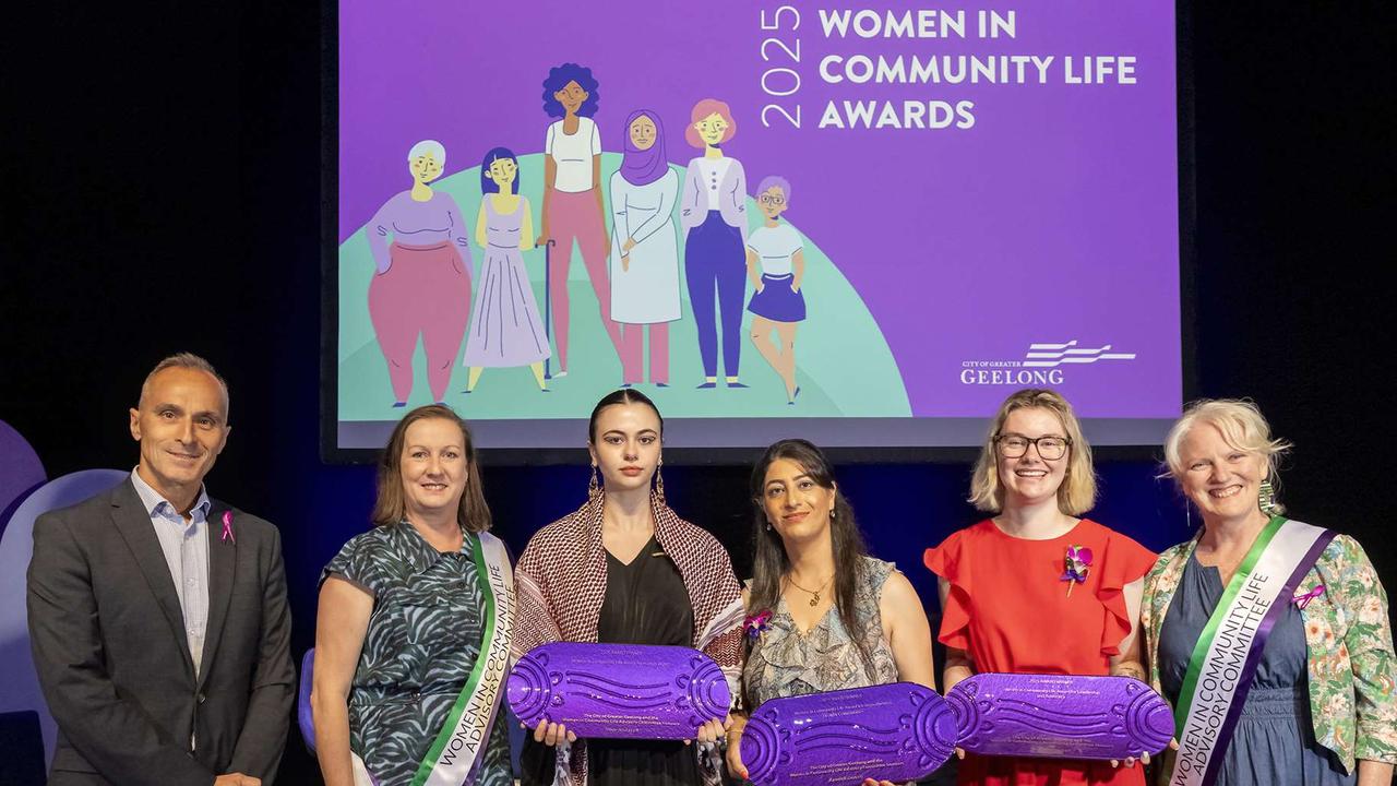 Geelong councillors Eddy Kontelj, Melissa Cadwell and Elise Wilkinson (far right) with award winners Noor Al-Assafi, Azadeh Doosti and Teagan Mitchell. Picture: Supplied.