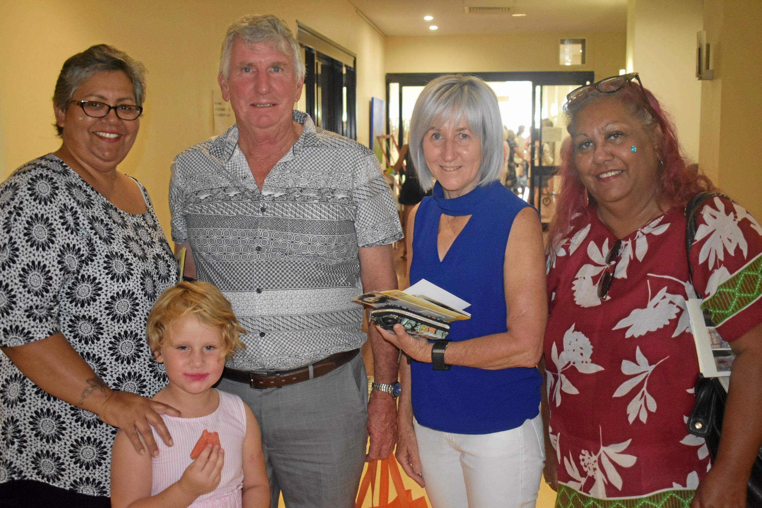 Patsi Mawn, Keith Mawn, Ellura Miller (front), Maree Laverty, Lynn Chapman  at the opening of Loretta Waldron's In the Company of Women. Picture: Ellen Ransley