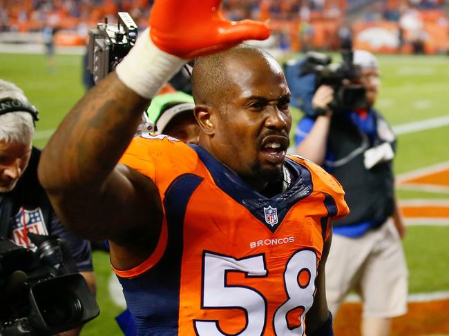 DENVER, CO - SEPTEMBER 8: Outside Linebacker Von Miller #58 of the Denver Broncos celebrates the 21-20 win over the Carolina Panthers at Sports Authority Field Field at Mile High on September 8, 2016 in Denver, Colorado. Justin Edmonds/Getty Images/AFP == FOR NEWSPAPERS, INTERNET, TELCOS & TELEVISION USE ONLY ==