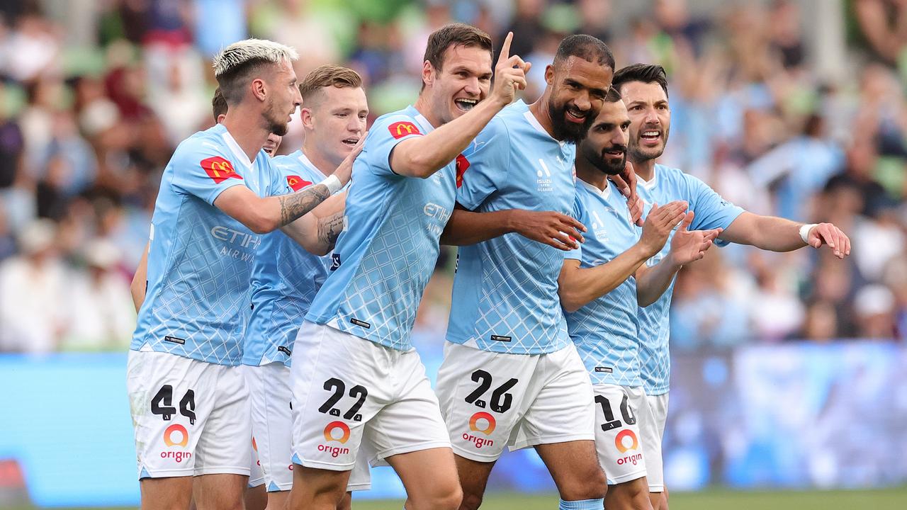 Curtis Good celebrates a goal during City’s record-equalling thrashing of Brisbane Roar. Picture: Getty