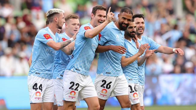 Curtis Good celebrates a goal during City’s record-equalling thrashing of Brisbane Roar. Picture: Getty