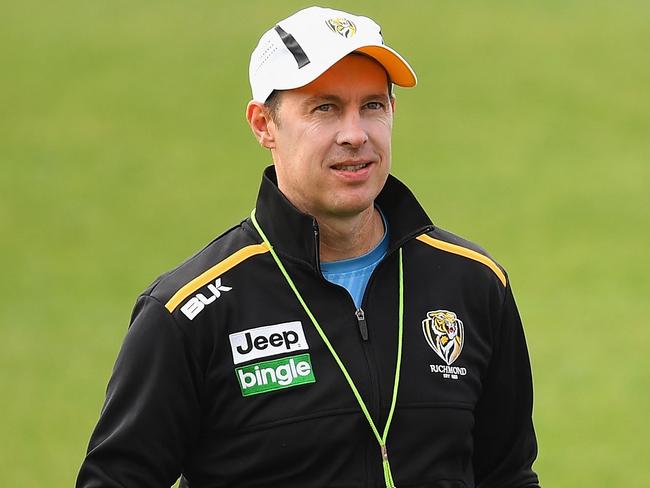 MELBOURNE, AUSTRALIA - NOVEMBER 07:  Craig McRae and Justin Leppitsch the assistant coaches of the Tigers looks on during a Richmond Tigers AFL pre-season training session at ME Bank Centre on November 7, 2016 in Melbourne, Australia.  (Photo by Quinn Rooney/Getty Images)