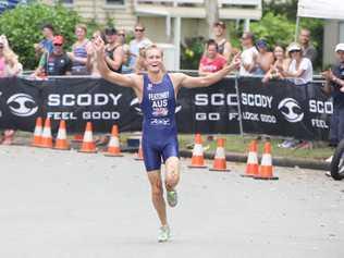 Caloundra Triathlon, Golden Beach. Jesse Featonby celebrates his win. Photo: Cade Mooney / Sunshine Coast Daily. Picture: Cade Mooney