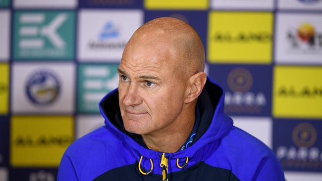 Eels coach Brad Arthur speaks during a press conference following the Round 4 NRL match between the Parramatta Eels and the Manly Warringah Sea Eagles at Bankwest Stadium in Sydney, Saturday, June 6, 2020. (AAP Image/Dan Himbrechts) NO ARCHIVING, EDITORIAL USE ONLY