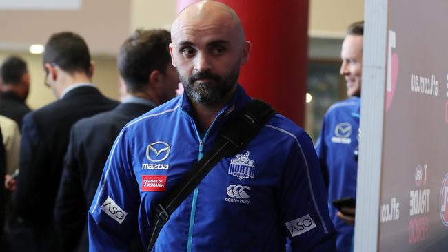 North Melbourne coach Rhyce Shaw arrives at Marvel Stadium for trade period.