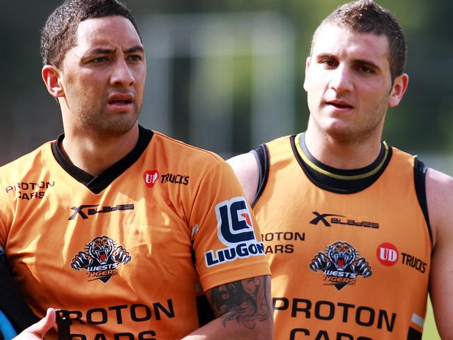 Benji Marshall (L) and Robbie Farah during West Tigers NRL training session at Concord Oval in Sydney.