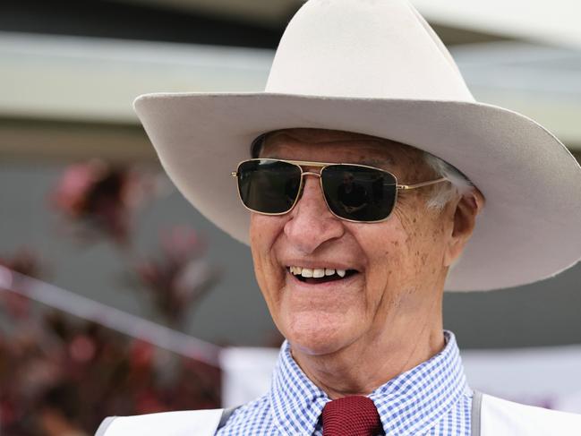 Member for Kennedy Bob Katter shares a laugh with voters at the voting booth at the Edmonton PCYC in southern Cairns, the northernmost part of the vast electorate of Kennedy in North Queensland. Picture: Brendan Radke