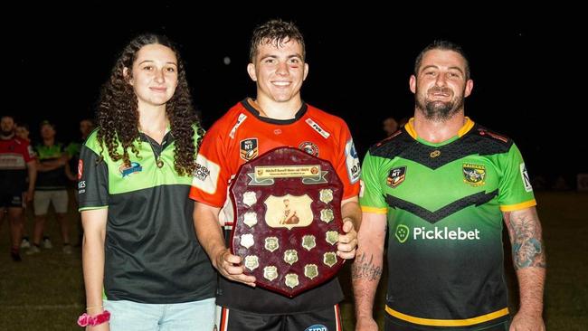 Litchfield captain Trent Wedding receives the Mitchell Russell Shield from David Russell after winning Round 5 of the 2023 NRL NT premiership. Picture: Palmerston Raiders