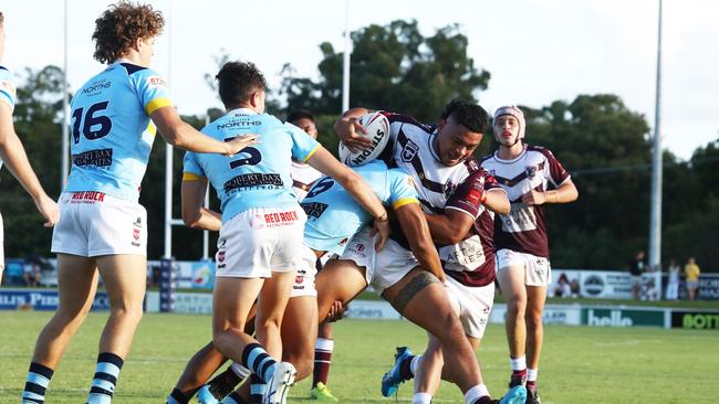 Ipswich SHS’s Josiah Pahulu charges forward for Burleigh Bears in the Mal Meninga Cup.