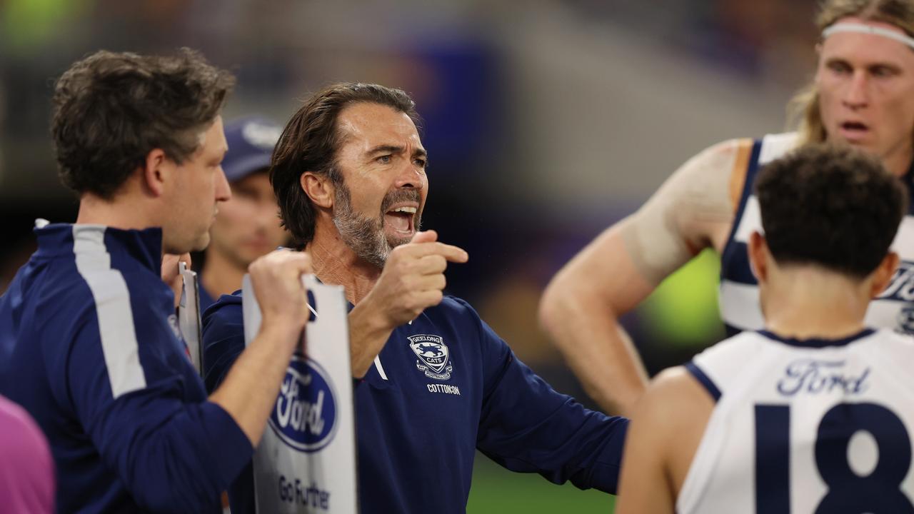 Chris Scott was noticeably fired up at three quarter time against the Eagles. Picture: St Pierre/AFL Photos via Getty Images)