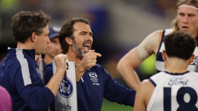 Chris Scott was noticeably fired up at three quarter time against the Eagles. Picture: St Pierre/AFL Photos via Getty Images)