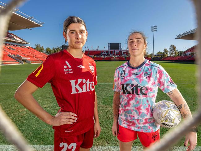Adelaide United women's goalkeeper Claudia Jenkins (R) and attacker Erin Healy. Picture: Ben Clark