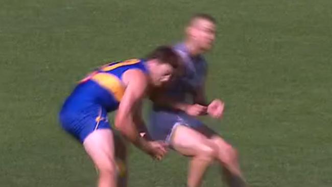 Screengrab of Port Adelaide star Robbie Gray’s bump on West Coast player Jeremy McGovern during the round 1 clash of the JLT series.