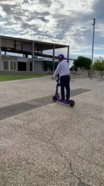 Mackay Mayor Greg Williamson tests the new Beam e-scooter at Bluewater Quay on June 7