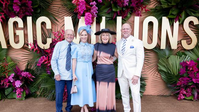 Gerry Harvey, Zara Tindall, Katie Page and Mike Tindall at the Magic Millions race day. Picture by Luke Marsden.