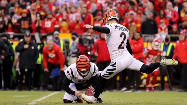 KANSAS CITY, MISSOURI - JANUARY 30: Kicker Evan McPherson #2 of the Cincinnati Bengals hits the game winning field goal in overtime  against the Kansas City Chiefs to win the AFC Championship Game at Arrowhead Stadium on January 30, 2022 in Kansas City, Missouri. (Photo by David Eulitt/Getty Images)