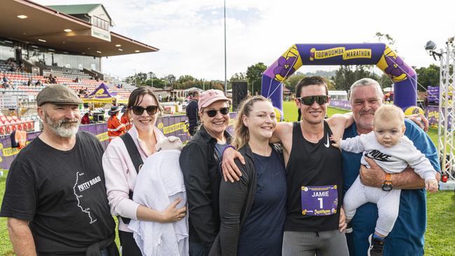 Toowoomba Marathon winner Jamie Lacey with family including wife Kristy and son Jackson after the race, Sunday, May 5, 2024. Picture: Kevin Farmer