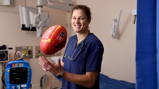 Former Lightning captain Dr Jess Foley at the at Noarlunga Hospital. She has been drafted to the Crows for the next season. Photo: Naomi Jellicoe