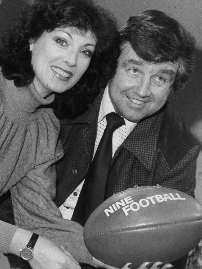 Francine Shearman and Ken Cunningham on the set of the Channel 9 Football Show at NSW9 TV studios, North Adelaide in 1979.