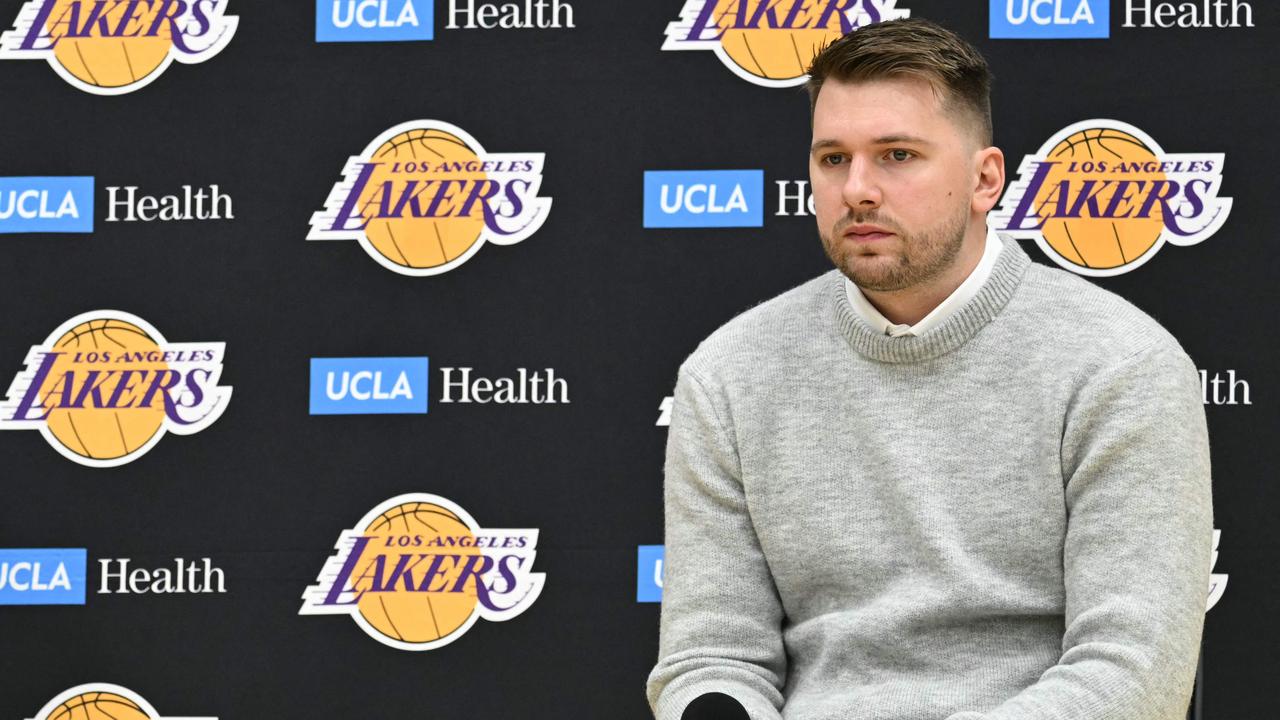 Luka unveiled as a Laker on Wednesday. (Photo by Patrick T. Fallon / AFP)