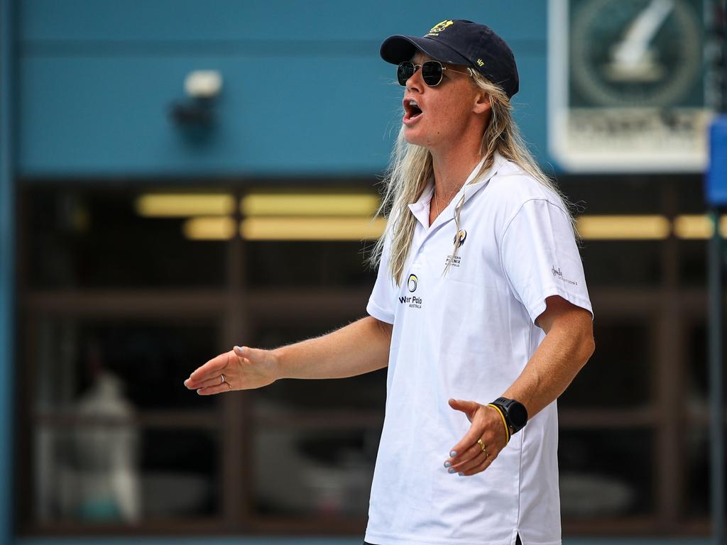 Former Olympian Rowie Webster coaching in the Australian Water Polo League.