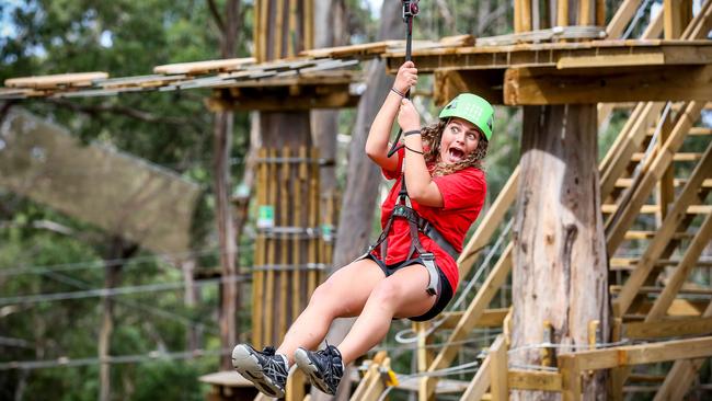Ruby Jolley has a go on the zip line at Live Wire Park. Picture: Nicole Cleary
