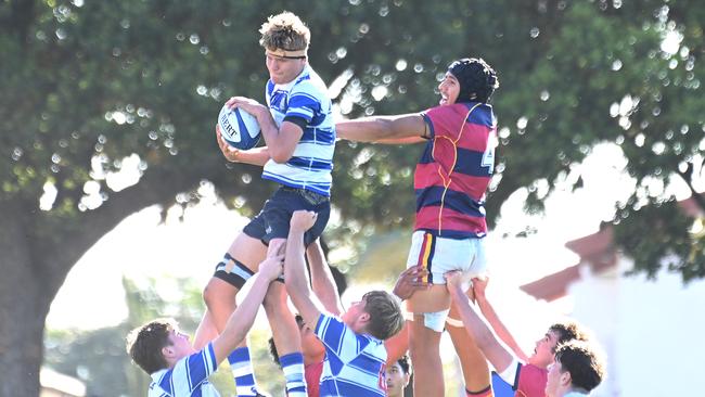 Ed Kasprowicz secures lineout ball for his scrumhalf Sam Watson. GPS first XV rugby grand final, Nudgee College Vs BSHS. Saturday September 7, 2024. Picture, John Gass