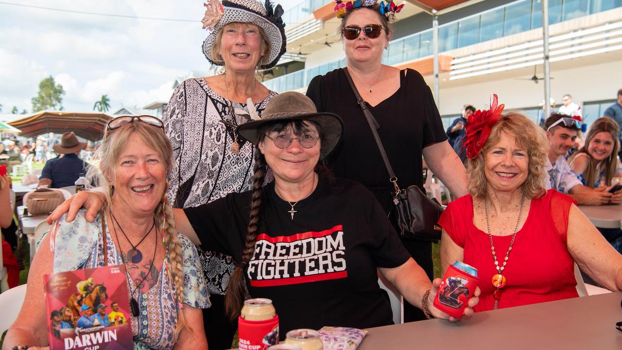 Christine Keen, Elizabeth Stuart, Karen Rose, Hazel Herron and Leanne Watkin at the 2024 Darwin Cup. Picture: Pema Tamang Pakhrin