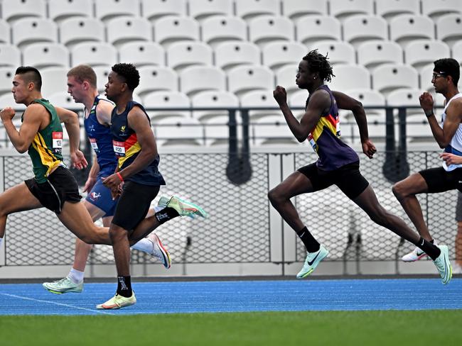 Athletes compete a Men U18 100m heat during the Victorian Track & Field Championships at Lakeside Stadium in Albert Park, Saturday, Feb. 25, 2023.Picture: Andy Brownbill