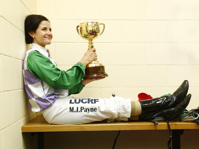 Michelle Payne takes a moment after winning the Melbourne Cup. Picture: Colleen Petch