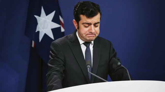 An emotional Mr Dastyari delivers his resignation in 2017.