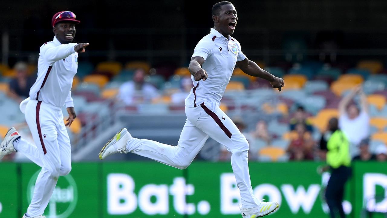 Shamar Joseph of the West Indies celebrates victory during the series between Australia and West Indies. Picture: Bradley Kanaris/Getty Images