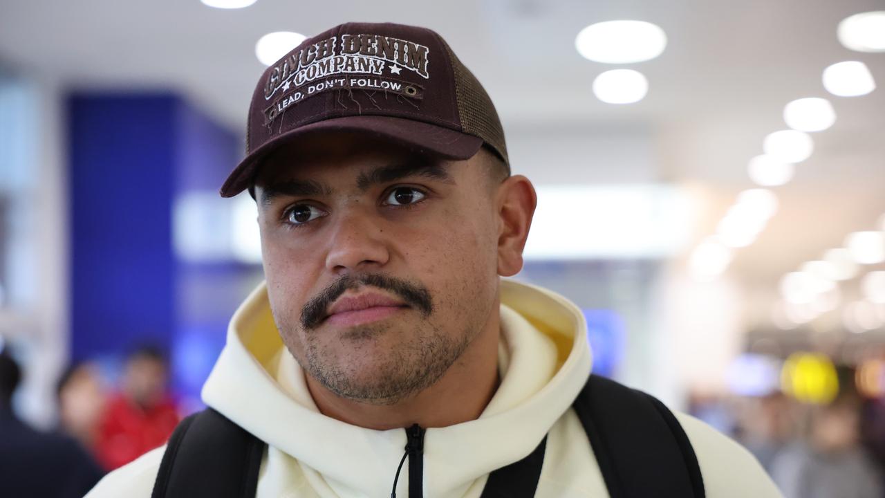 DAILY TELEGRAPH. MARCH 6, 2024. Pictured at Sydney International Airport today is South Sydney Rabbitohs star player Latrell Mitchell returning back from Las Vegas with teammates today. Picture: Tim Hunter.