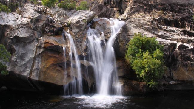 The small drop at Emerald Creek Falls at the main pool before water cascades down a larger cliff face.