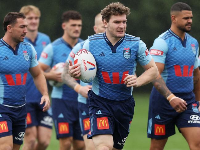 WENTWORTH FALLS, AUSTRALIA - MAY 21:  Liam Martin warms up during a NSW Blues State of Origin squad training session at Blue Mountains Grammar School on May 21, 2025 in Wentworth Falls, Australia. (Photo by Matt King/Getty Images)