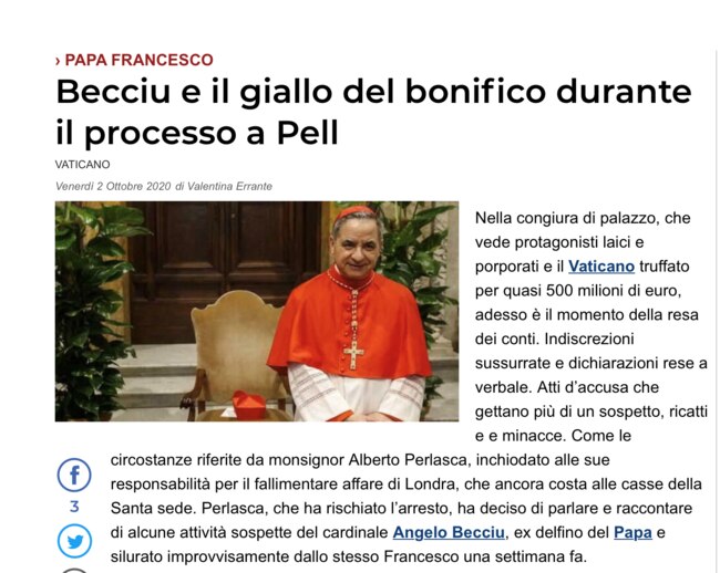 A screenshot of Italian newspaper II Messaggero's story on disgraced Cardinal Angelo Becciu.