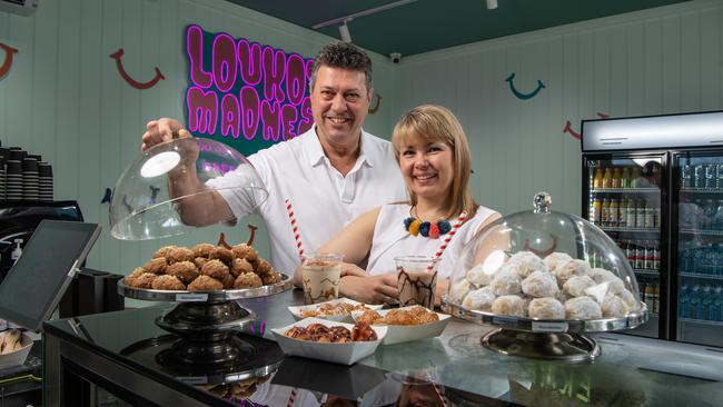 Milton Mavromoustakos and Julia Ryabova at their new Greek dessert bar in Little Malop street, Geelong. Picture: Brad Fleet