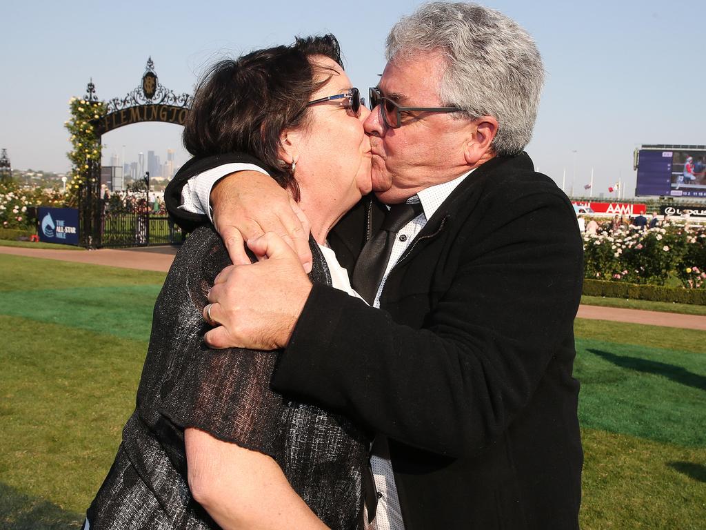 Overjoyed Damien and Jenny Murnane share a kiss after Mystic Journey’s win in the 2019 All-Star Mile. Picture: Michael Klein