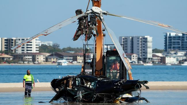 The “taking-off” helicopter’s rotor blades collided with the “landing” helicopter, ripping the blades and the gearbox from the aircraft. Picture: NCA Newswire/ Scott Powick.