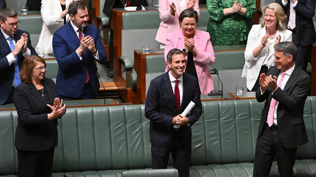 Treasurer Jim Chalmers is applauded after delivering the budget. Picture: AAP