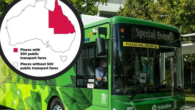 Translink only operates in Cairns and Innisfail in Far North Queensland. Inset: A graphic by Queensland Labor showing its 50c public transport fare scheme.