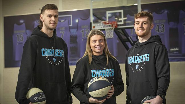 Hobart Chargers Jack Purchase, Sharna Thompson and Koen Sapwell will be among the players conducting clinics next week during the school holidays. Picture: Chris Kidd