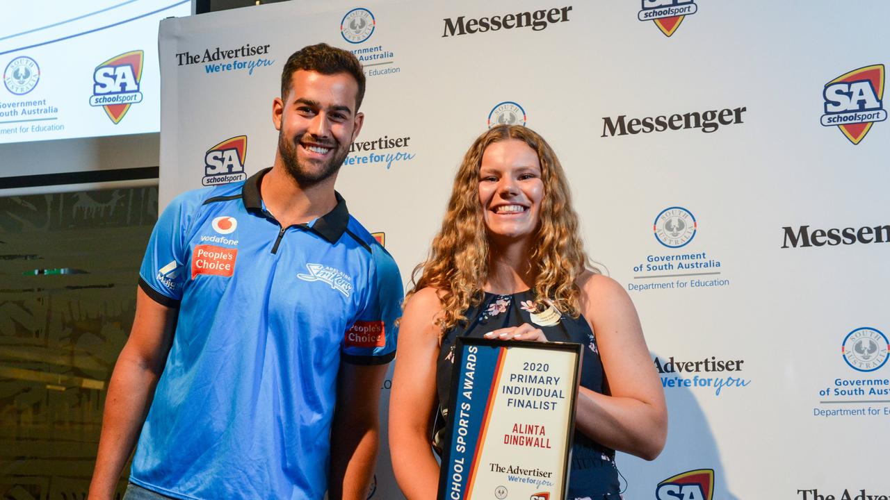 Cricketer Wes Agar with finalist Alinta Dingwell from Cummins Area School at The School Sports Awards at the SA Museum. Picture: Brenton Edwards