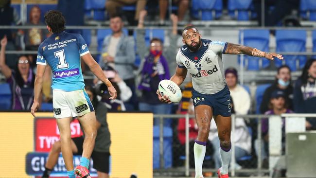 Josh Addo-Carr celebrates a try in the Storm’s win. Picture: Chris Hyde/Getty Images