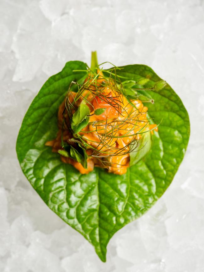 Mud crab, preserved chilli and betel leaf. Picture: Suppled