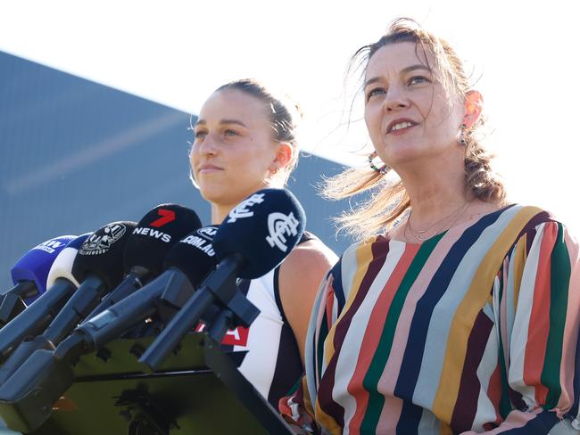 Ruby Schleicher alongside Emma Moore at Ikon Park. Picture: Michael Willson/AFL Photos via Getty Images.