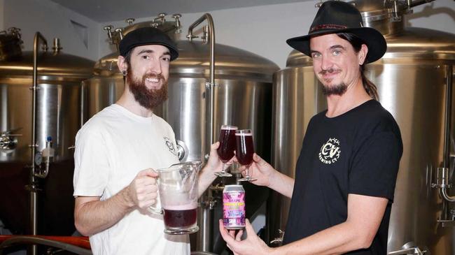 Currumbin Valley Brewing's Luke Ronalds and Peter Wheldon toast the success of their Grape Bubblegum Sour brew which was named the People's Choice at the Great Australasian Beer Spectacular.