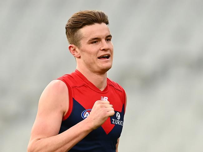 MELBOURNE, AUSTRALIA - AUGUST 15: Bayley Fritsch of the Demons celebrates kicking a goal during the round 22 AFL match between Melbourne Demons and Adelaide Crows at Melbourne Cricket Ground on August 15, 2021 in Melbourne, Australia. (Photo by Quinn Rooney/Getty Images)